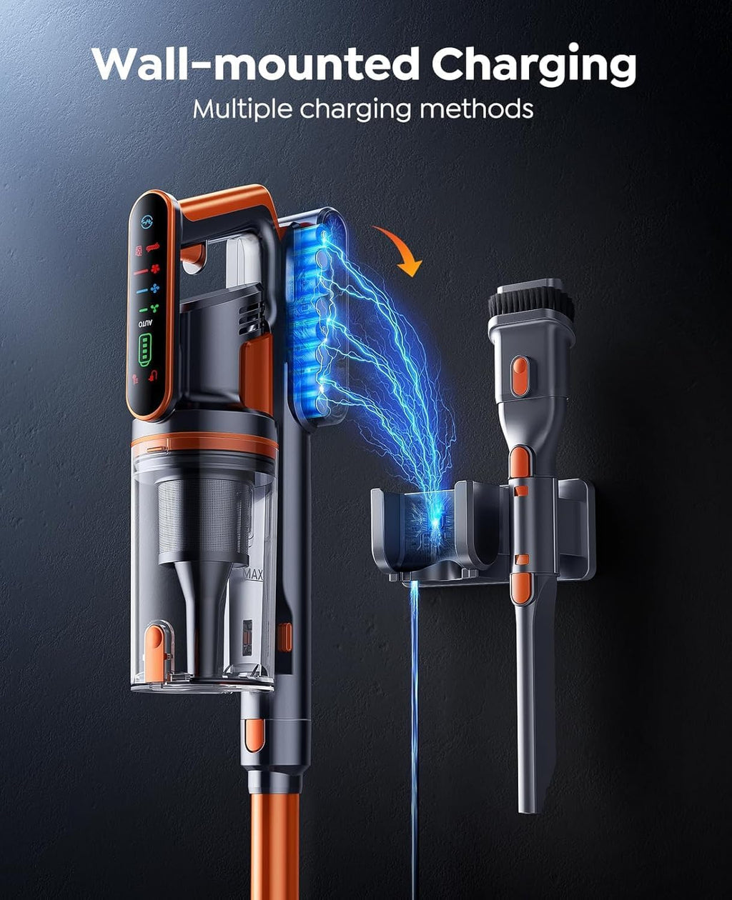 Fieety Battery Vacuum Cleaner, 600 W/50 kPa/65 Min Wireless Vacuum Cleaner with Wall-Mounted Charging Station, Aromatherapy, Automatic Mode, Flexible Bending Joint, 1 m Hose for Hard Floors, Carpets