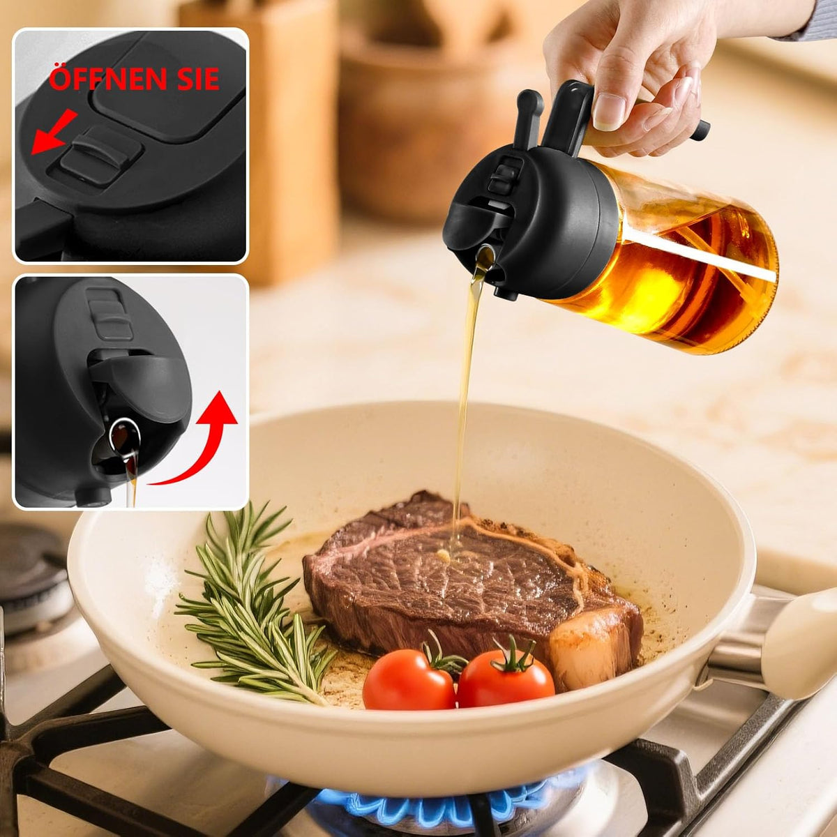 SWEET VIEW 2 in 1 Oil Sprayer for Cooking, 470 ml Glass Oil Bottles/Olive Oil Spray Bottle for Salad, Grilling and Hot Air Fryer (Black)
