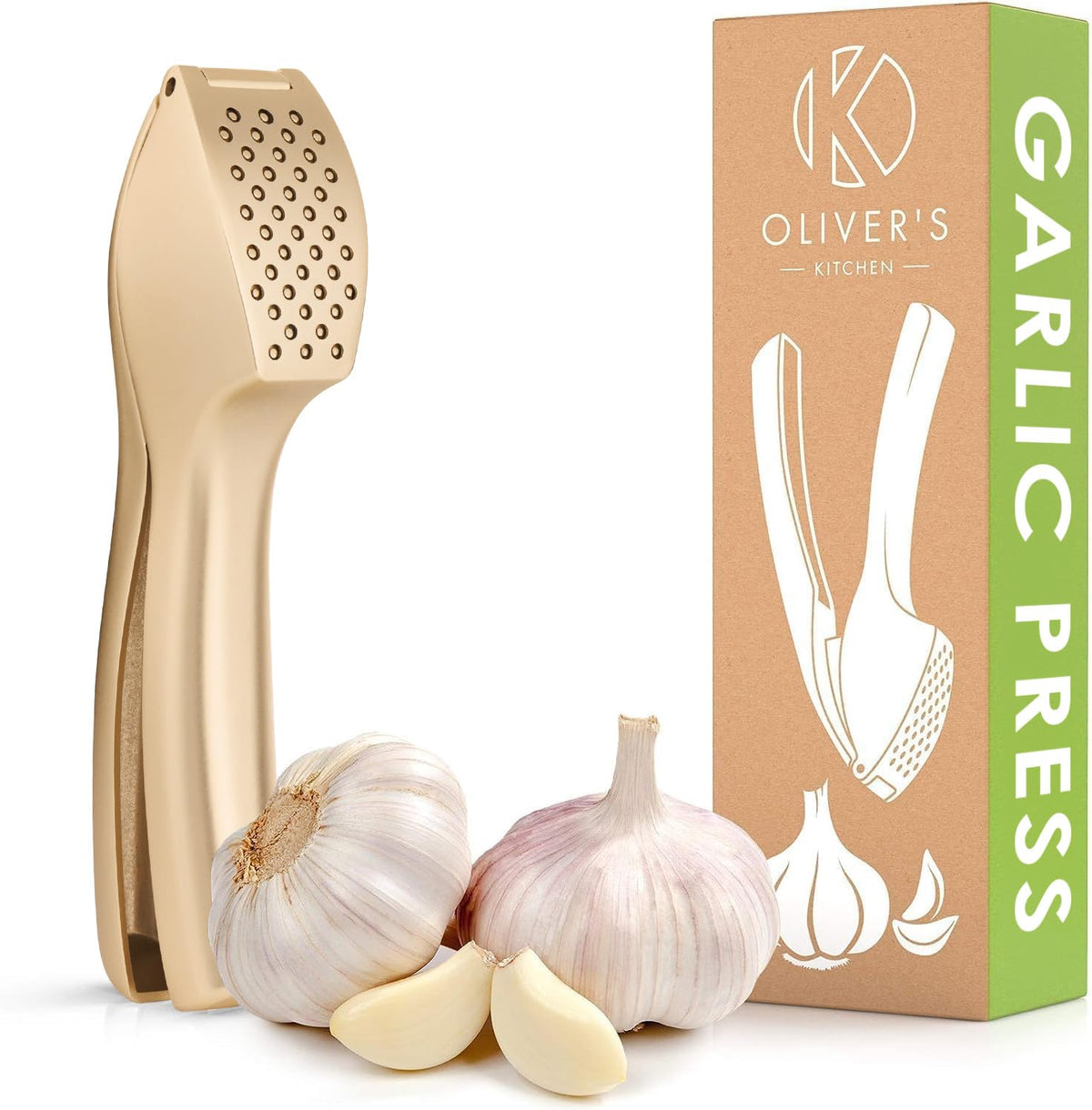 Oliver's Kitchen Premium Garlic Press, Handy & Easy to Clean, Press Garlic & Ginger Effortlessly (No Peeling Required), Extra Strong & Durable in Stylish Zinc Alloy