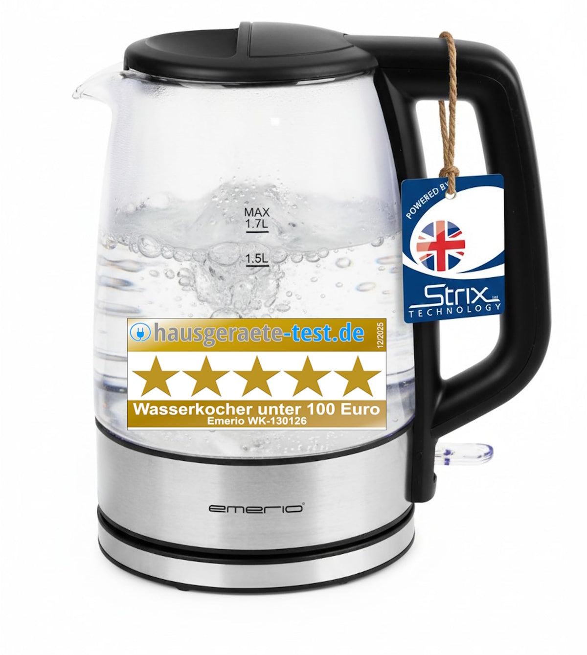 Emerio WK-119988 Glass Kettle, 1.7 Litre, 2200 Watt, LED Interior Lighting, 360 ° Base, Silver