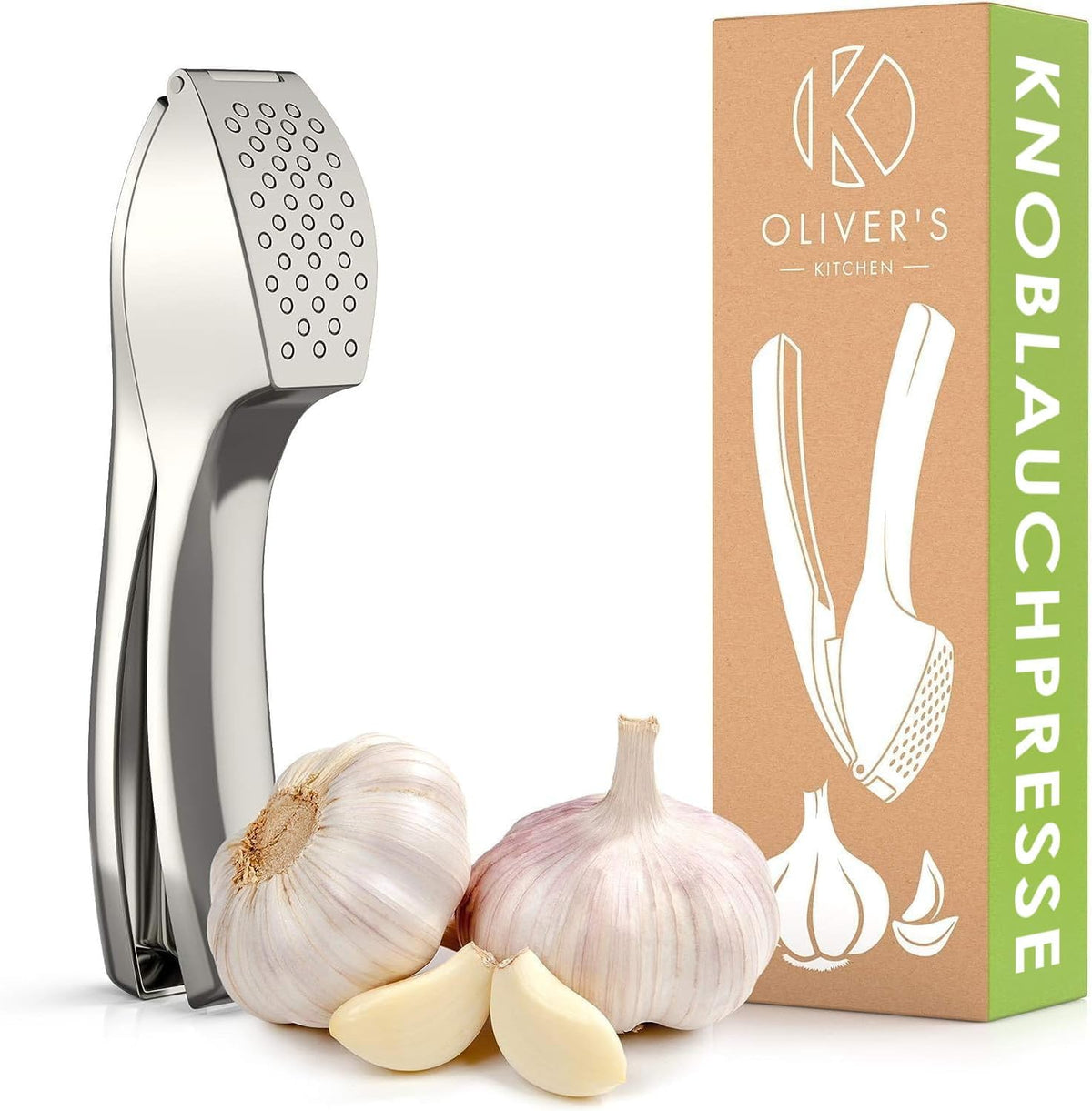 Oliver's Kitchen Premium Garlic Press, Handy & Easy to Clean, Press Garlic & Ginger Effortlessly (No Peeling Required), Extra Strong & Durable in Stylish Zinc Alloy