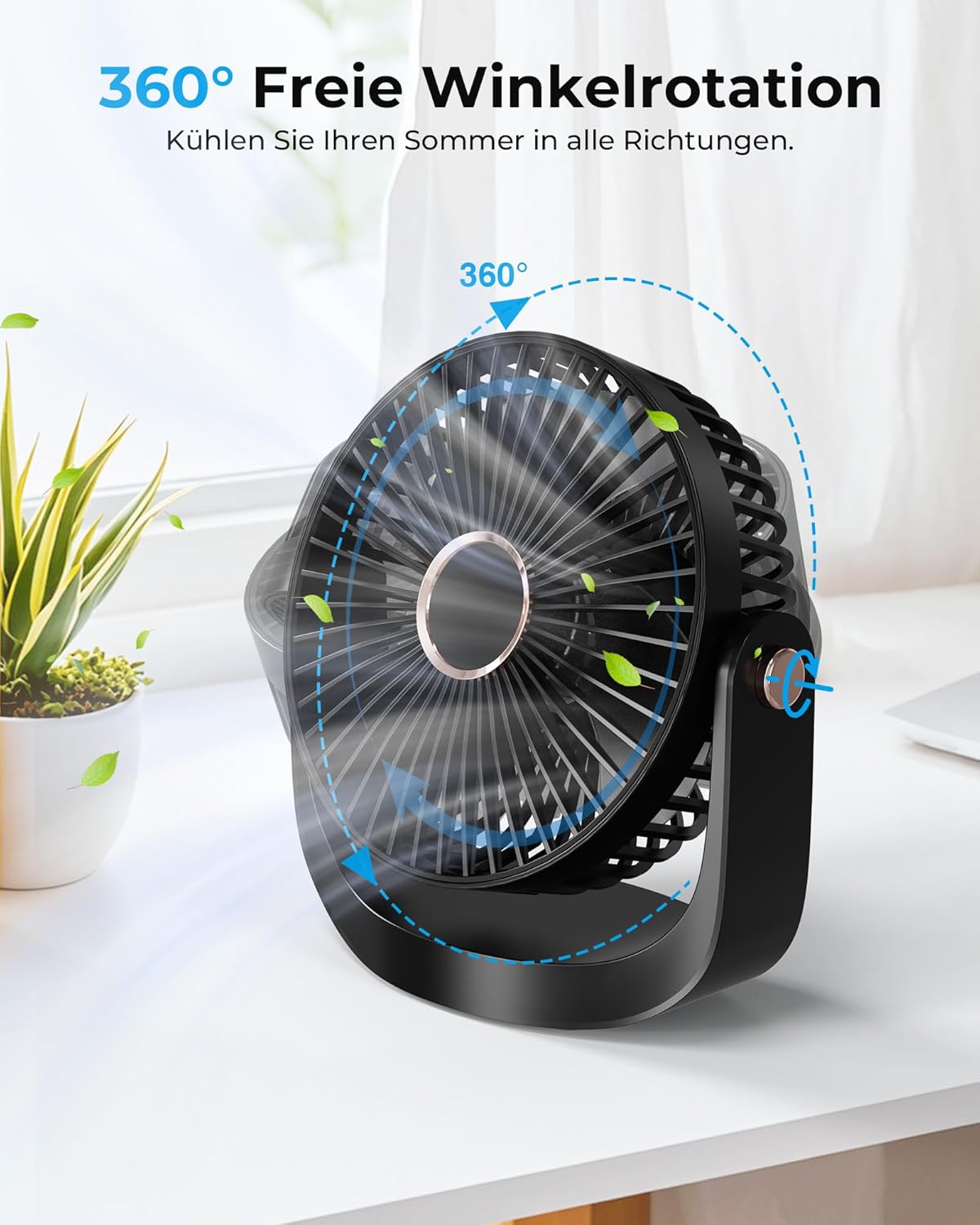 Ventilator Leise - Tischventilator mit Nachtlicht，3000mAh USB Wiederaufladbarer Kleiner Ventilator, 5 Geschwindigkeiten, 360° verstellbare Neigung für Büro Schlafzimmer Zuhause, Schwarz