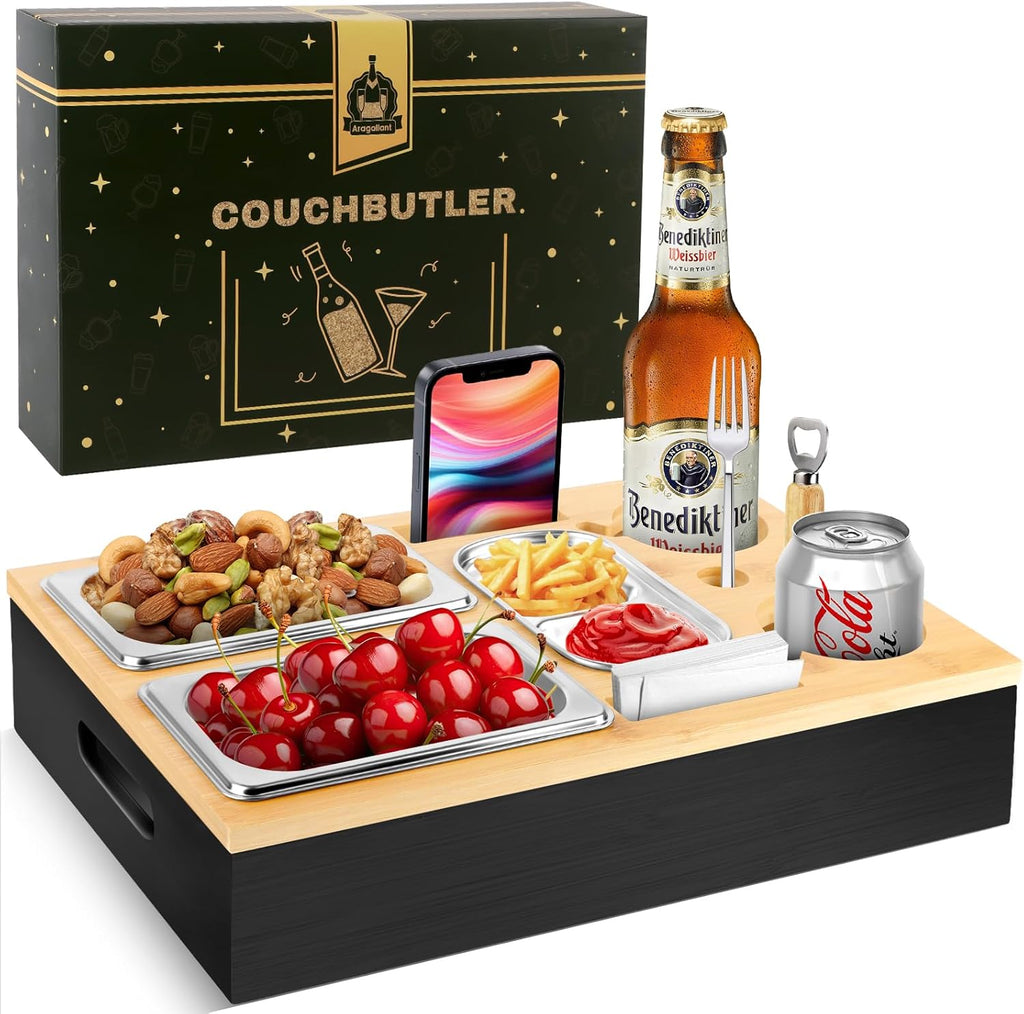 Herenear Couch Bar, Snack Box, Sofa Tray, Couch Bar with Gift Box, Snack Dispenser with Snack Bowl, Drink Holder, Bottle Holder, Snack Bar Organiser, Removable Lid for Sofa (Black)