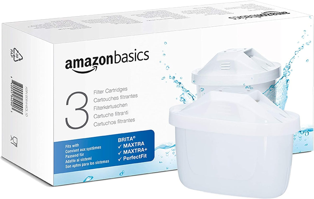 Amazon Basics BRITA Maxtra+-Compatible Water Filter Cartridge, Pack of 3, with a Table Water Filter from Amazon Basics or Brita Models Maxtra/Maxtra+/PerfectFit