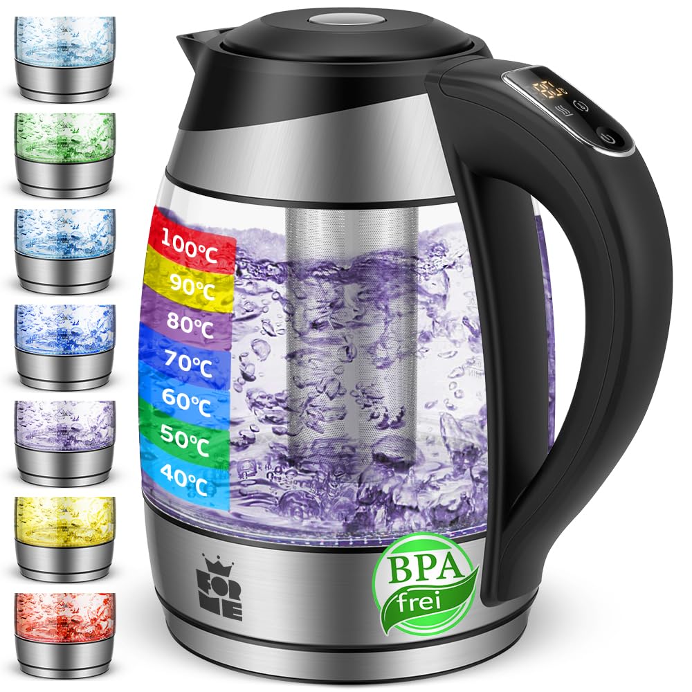 FOR ME Glass Electric Kettle 1.8 L, Temperature Control, Temperature Selection 40 °C to 100 °C, 7 Colours LED-Lighting, Warm-Keeping Function, BPA-Free
