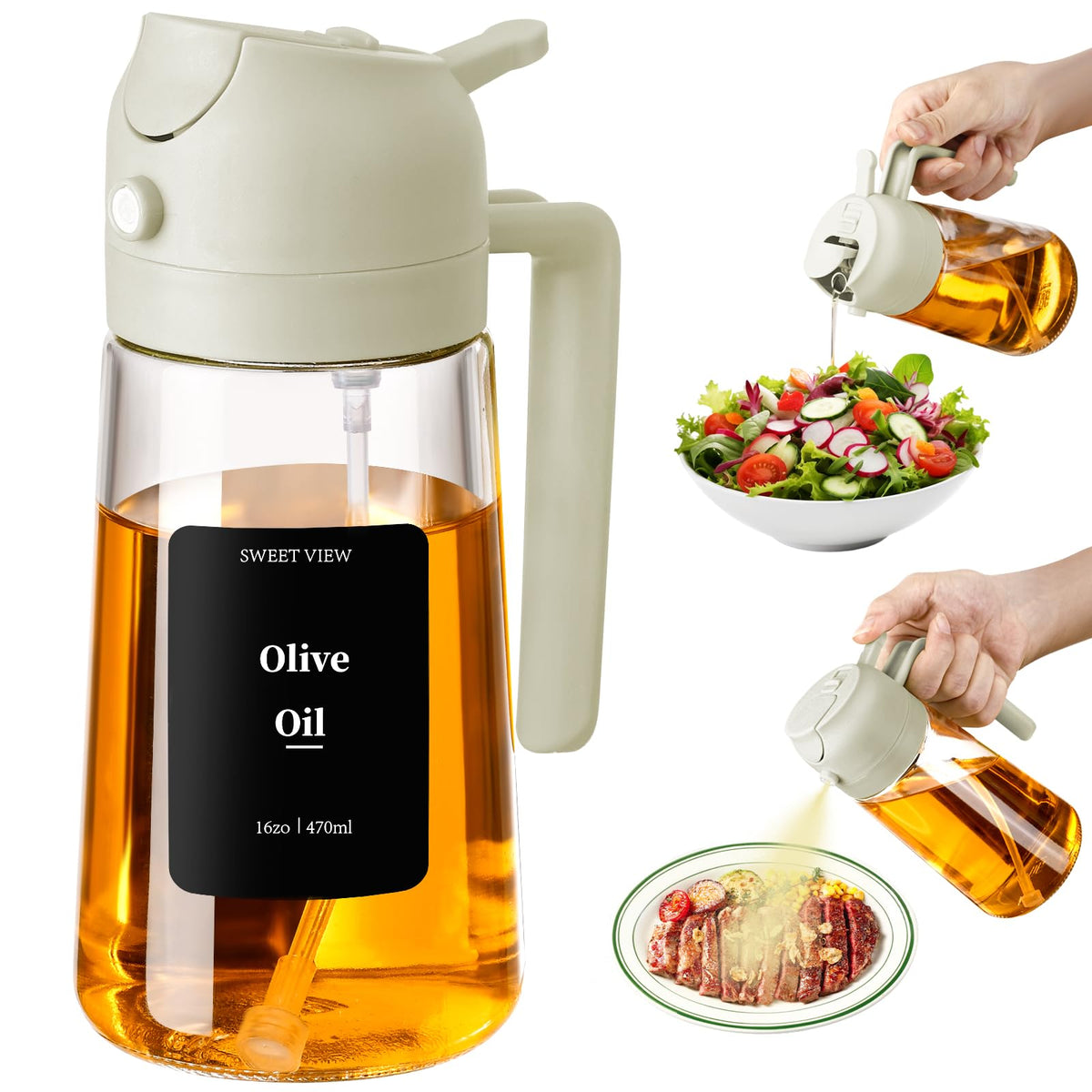 SWEET VIEW 2 in 1 Oil Sprayer for Cooking, 470 ml Glass Oil Bottles/Olive Oil Spray Bottle for Salad, Grilling and Hot Air Fryer (Black)