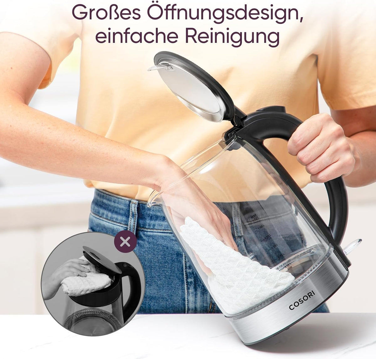 COSORI Glass Kettle 1.7 L, Boils in 2 Minutes, Plastic-Free Water Touching Parts, 304 Stainless Steel Limescale Filter, 2200 W, Overheating Protection, 360° Rotating Base, Black