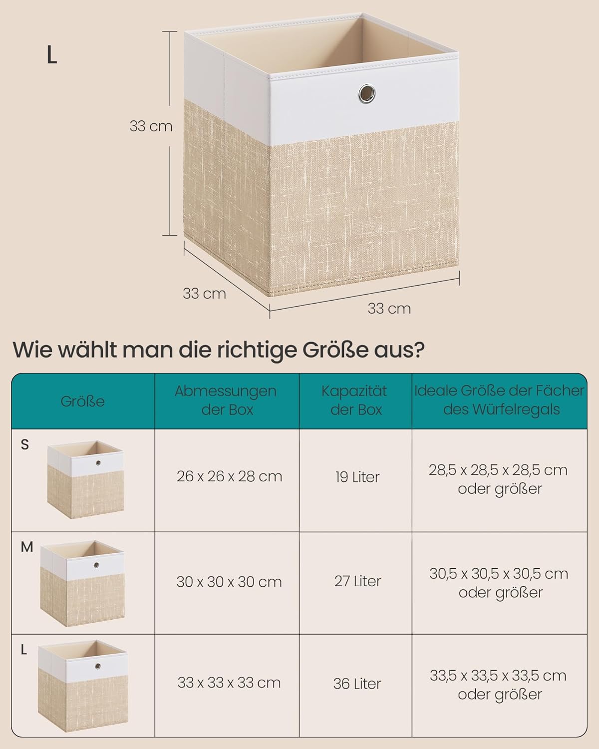 SONGMICS RFB433LF02 Storage Boxes, Set of 6, Storage Basket, Organiser Boxes with PP Panels, Odourless, Folding Box, Fabric Box for Cube Shelf, 33 x 33 x 33 cm, Cloud White/Sand Beige