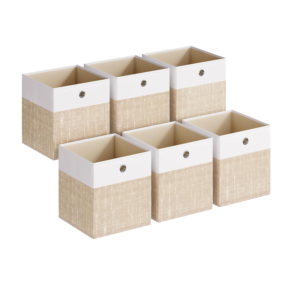 SONGMICS RFB433LF02 Storage Boxes, Set of 6, Storage Basket, Organiser Boxes with PP Panels, Odourless, Folding Box, Fabric Box for Cube Shelf, 33 x 33 x 33 cm, Cloud White/Sand Beige