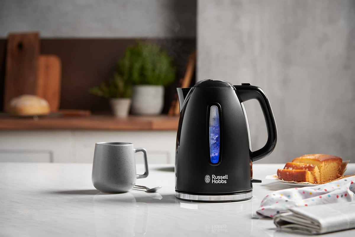 Russell Hobbs Textures+ 22591-70 Kettle 1.7 L 2400 W LED Lighting, Quick Cooking Function, Optimised Spout, Removable Limescale Filter, Tea Maker, Black, Energy Class A++