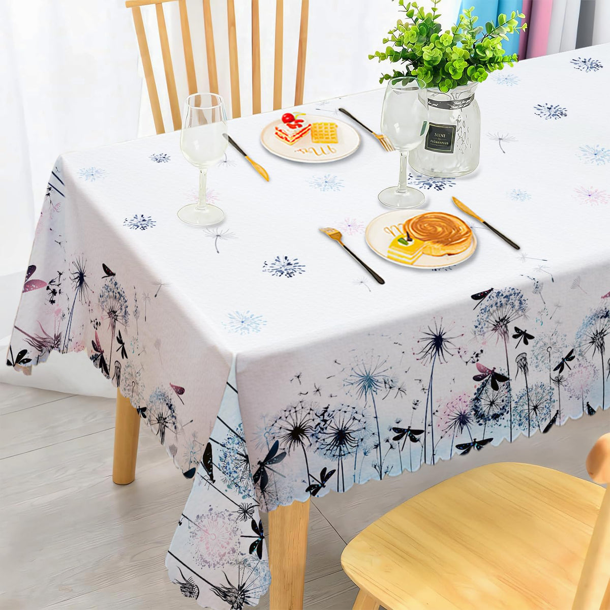 Round Tablecloth 120 cm Weatherproof Washable Polyester Dandelion Floral Pattern Outdoor Tablecloth for Garden Kitchen Dining Room Balcony for 2-4 People Waterproof and Durable
