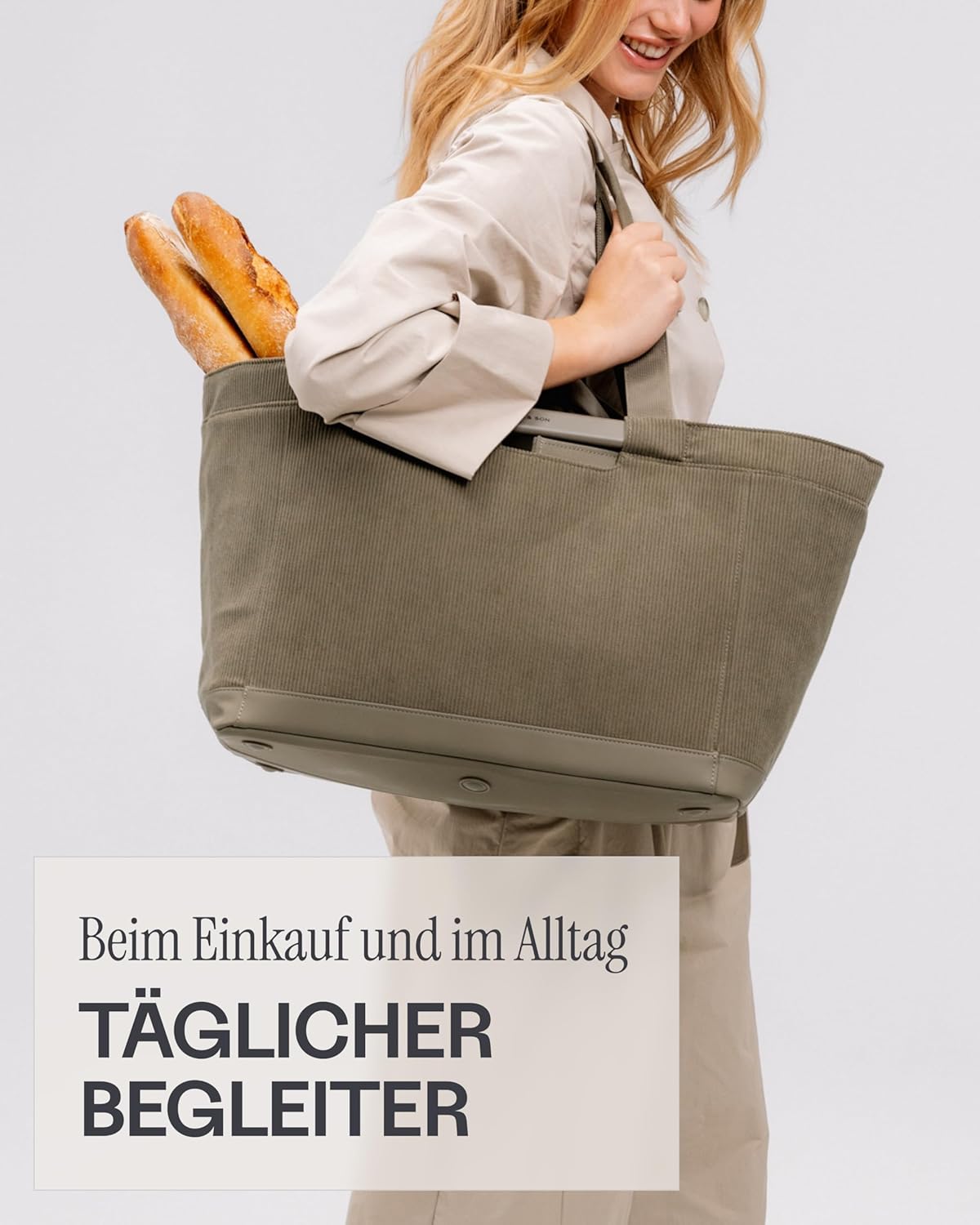 Kapten & Son Vaasa Foldable Shopping Basket Cord Dusty Khaki 25 L | Basket Corduroy Green | Includes Shopping Trolley Chip & Magnetic Compartment | Wipeable Inner Material | Stylish Everyday Companion