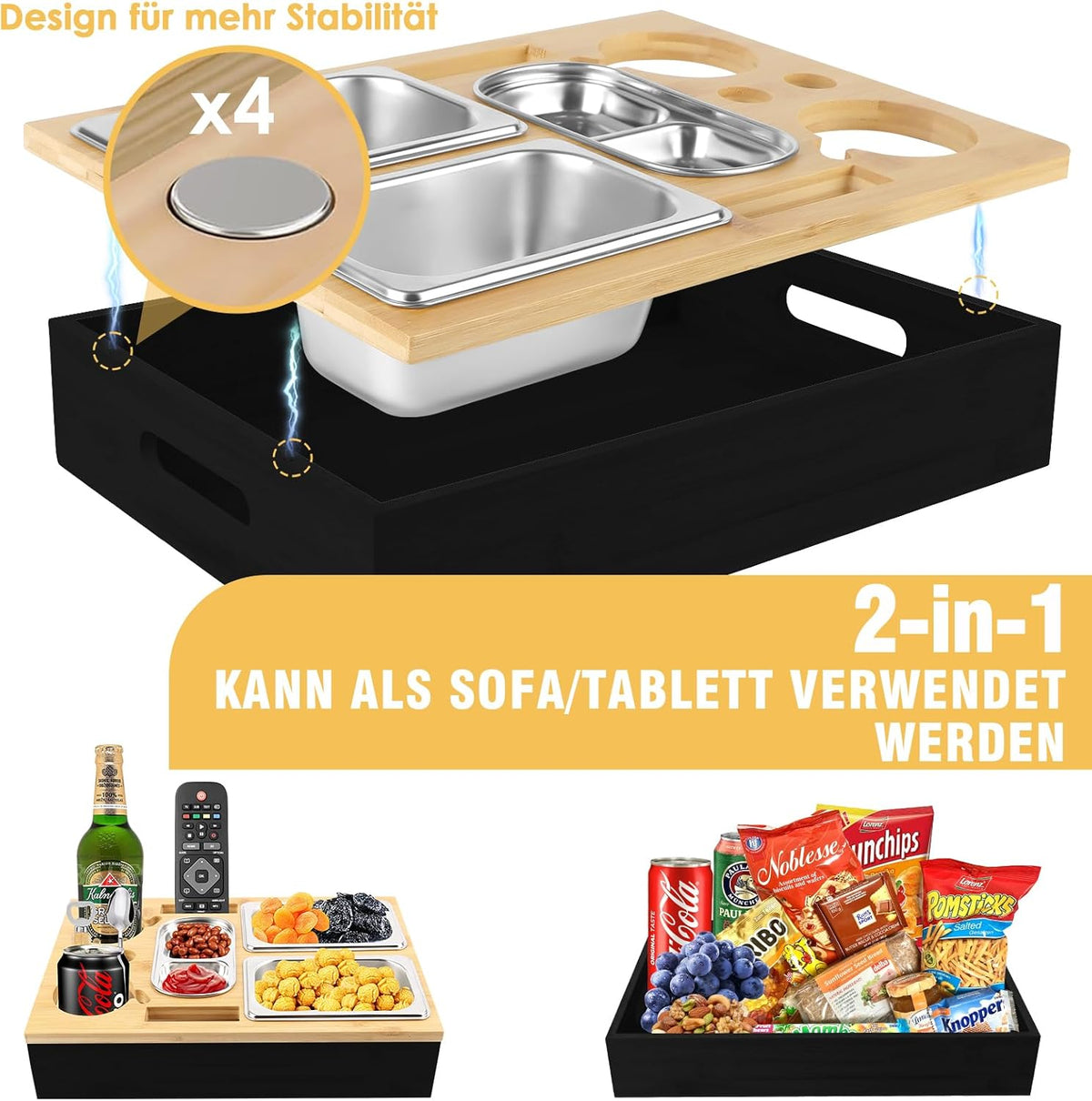 Herenear Couch Bar, Snack Box, Sofa Tray, Couch Bar with Gift Box, Snack Dispenser with Snack Bowl, Drink Holder, Bottle Holder, Snack Bar Organiser, Removable Lid for Sofa (Black)