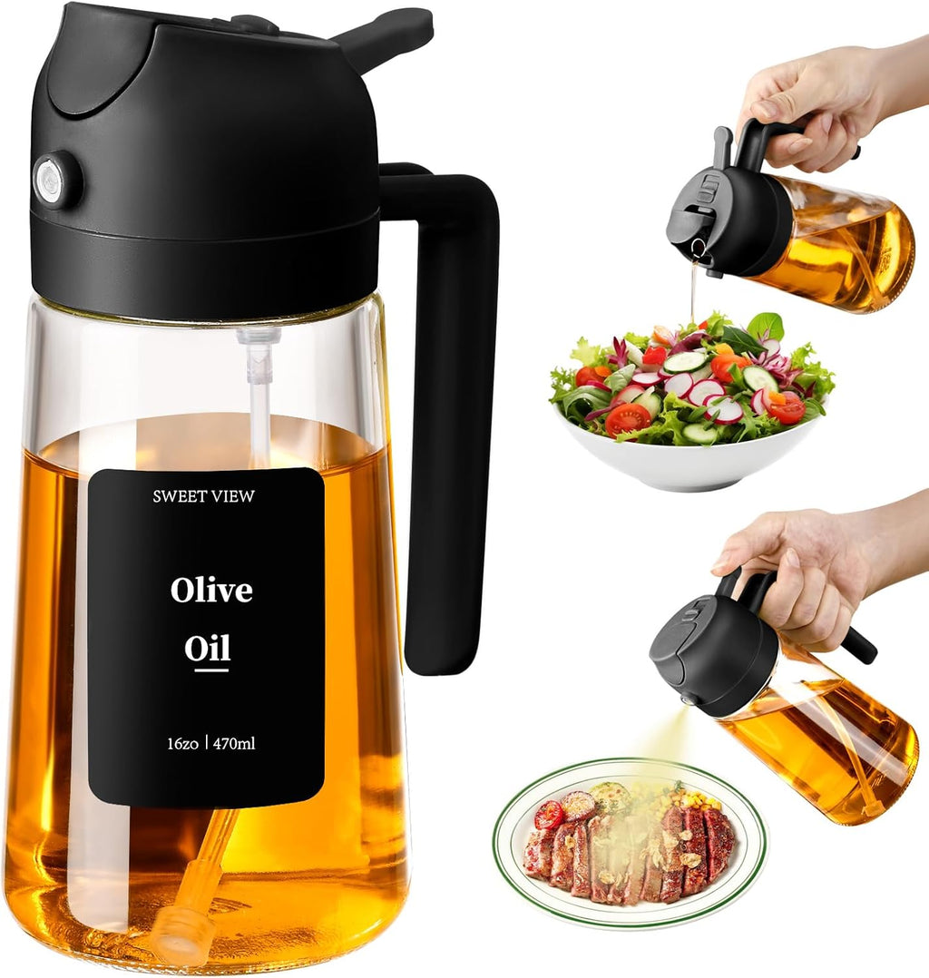 SWEET VIEW 2 in 1 Oil Sprayer for Cooking, 470 ml Glass Oil Bottles/Olive Oil Spray Bottle for Salad, Grilling and Hot Air Fryer (Black)