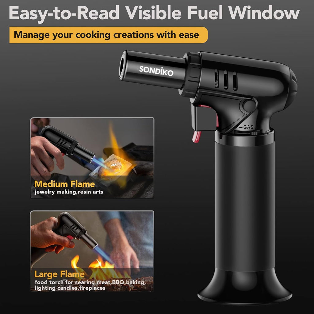 Sondiko Flame Torch with Fuel Indicator S907, Lighters, Bunsen Burner, Refillable Soldering Torch with Safety Lock for Kitchen, Camping (Butane Not Included)