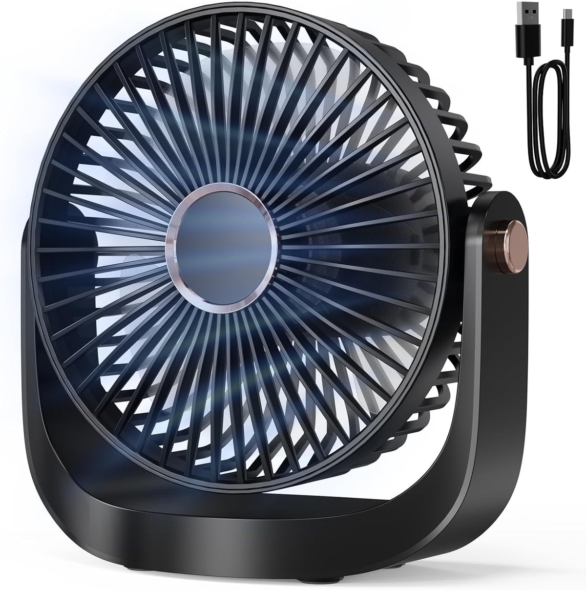 Ventilator Leise - Tischventilator mit Nachtlicht，3000mAh USB Wiederaufladbarer Kleiner Ventilator, 5 Geschwindigkeiten, 360° verstellbare Neigung für Büro Schlafzimmer Zuhause, Schwarz