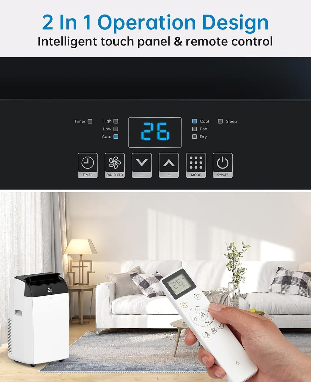 Quiet 4-in-1 Mobile Air Conditioner 12000 BTU | Cooling/Ventilating/Dehumidification/Follow-Me | For Rooms Up to 43-51㎡ Exhaust Hose + Digital Display + Remote Control + 24-Hour Timer