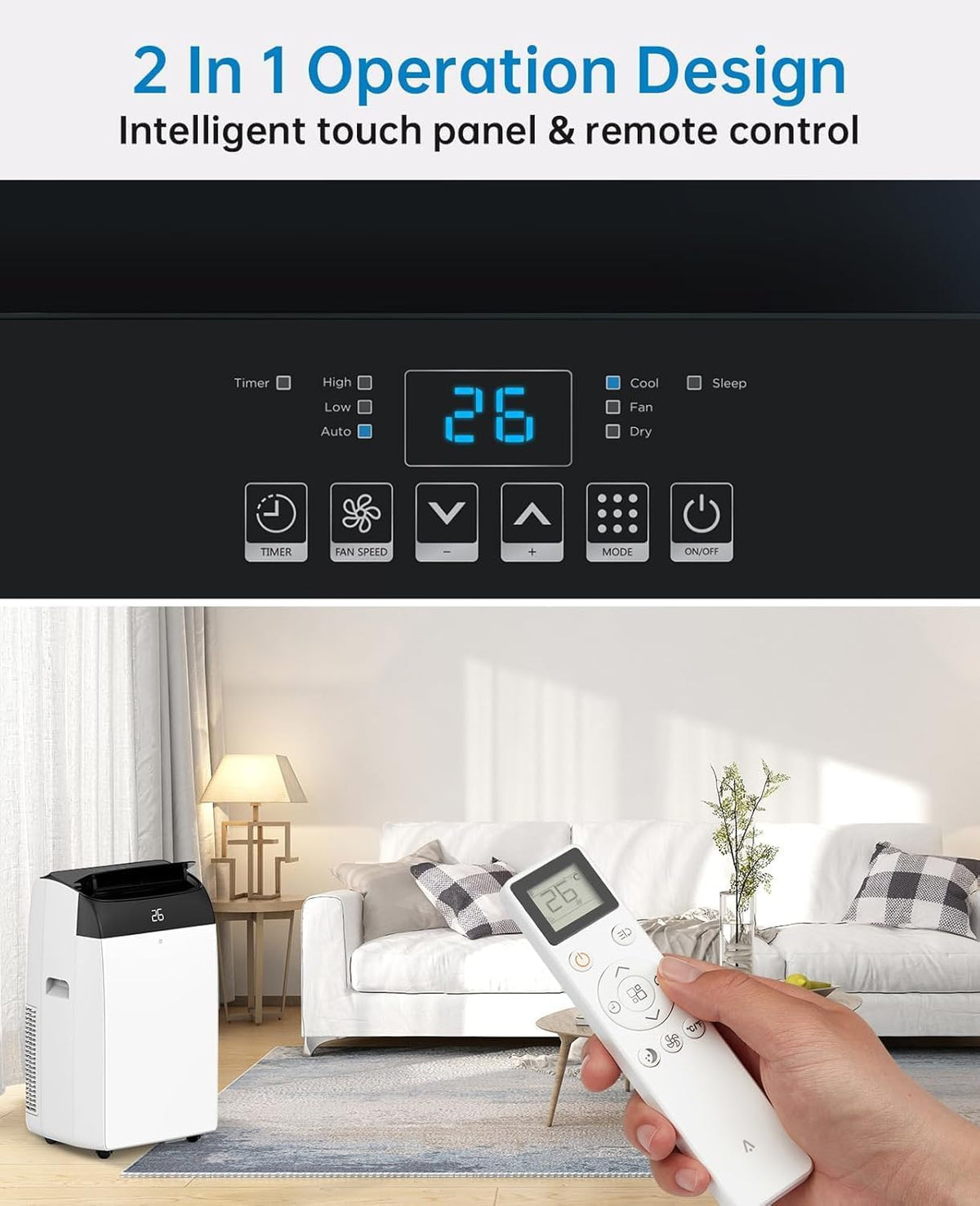 Quiet 4-in-1 Mobile Air Conditioner 12000 BTU | Cooling/Ventilating/Dehumidification/Follow-Me | For Rooms Up to 43-51㎡ Exhaust Hose + Digital Display + Remote Control + 24-Hour Timer