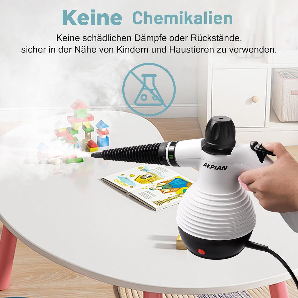 Handheld Steam Cleaner with 10 Piece Accessories, 1050W Steam Cleaner for Household, Kitchen, Bathroom, Window, Upholstery & Car - 100% Chemical Free, High Pressure Steam Against Dirt, Grease & Bacteria