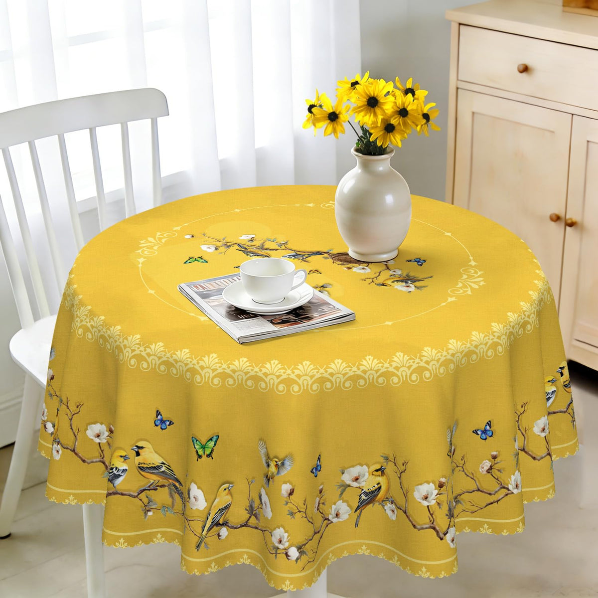 Round Tablecloth 120 cm Weatherproof Washable Polyester Dandelion Floral Pattern Outdoor Tablecloth for Garden Kitchen Dining Room Balcony for 2-4 People Waterproof and Durable