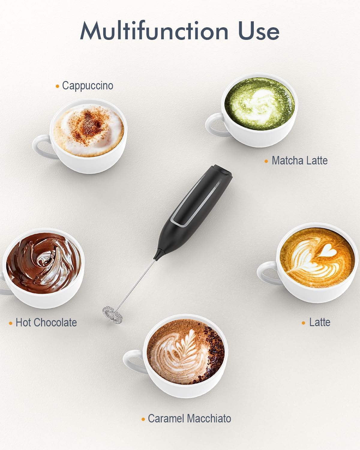 Milk Frother Stick/Milk Frother Electric Portable with High Performance Drink Mixer Coffee Whisk Battery Operated for Latte, Matcha Tea, Cappuccino, Black