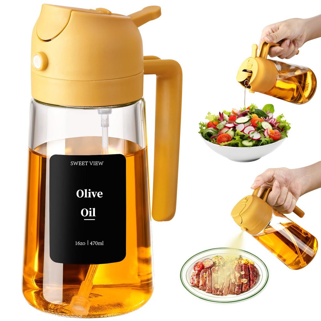 SWEET VIEW 2 in 1 Oil Sprayer for Cooking, 470 ml Glass Oil Bottles/Olive Oil Spray Bottle for Salad, Grilling and Hot Air Fryer (Black)