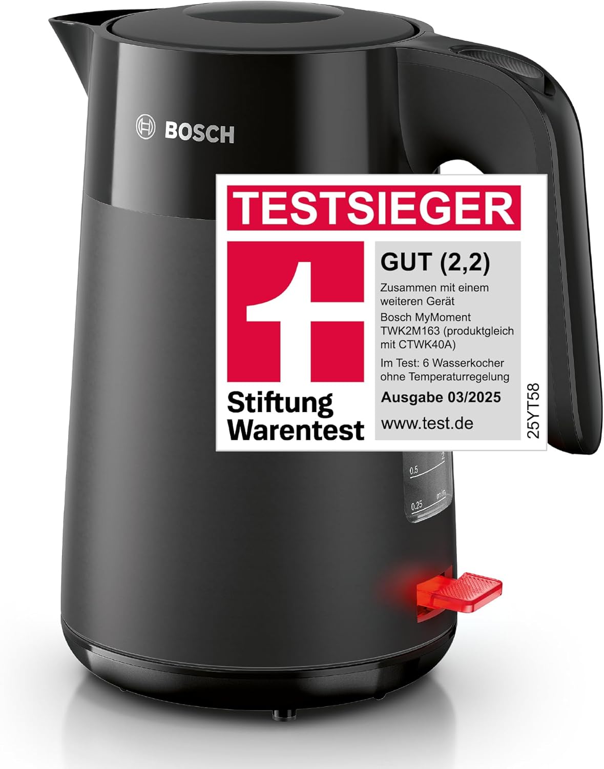 Bosch MyMoment TWK2M163 Wireless Kettle Automatic Shut-Off, Overheating Protection, Cup Display, Removable Limescale Filter, Boil Dry Protection, Automatic Steam Stop, 1.7 L, 2400 W, Matte Black