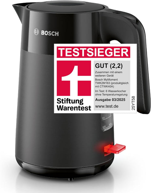 Bosch MyMoment TWK2M163 Wireless Kettle Automatic Shut-Off, Overheating Protection, Cup Display, Removable Limescale Filter, Boil Dry Protection, Automatic Steam Stop, 1.7 L, 2400 W, Matte Black