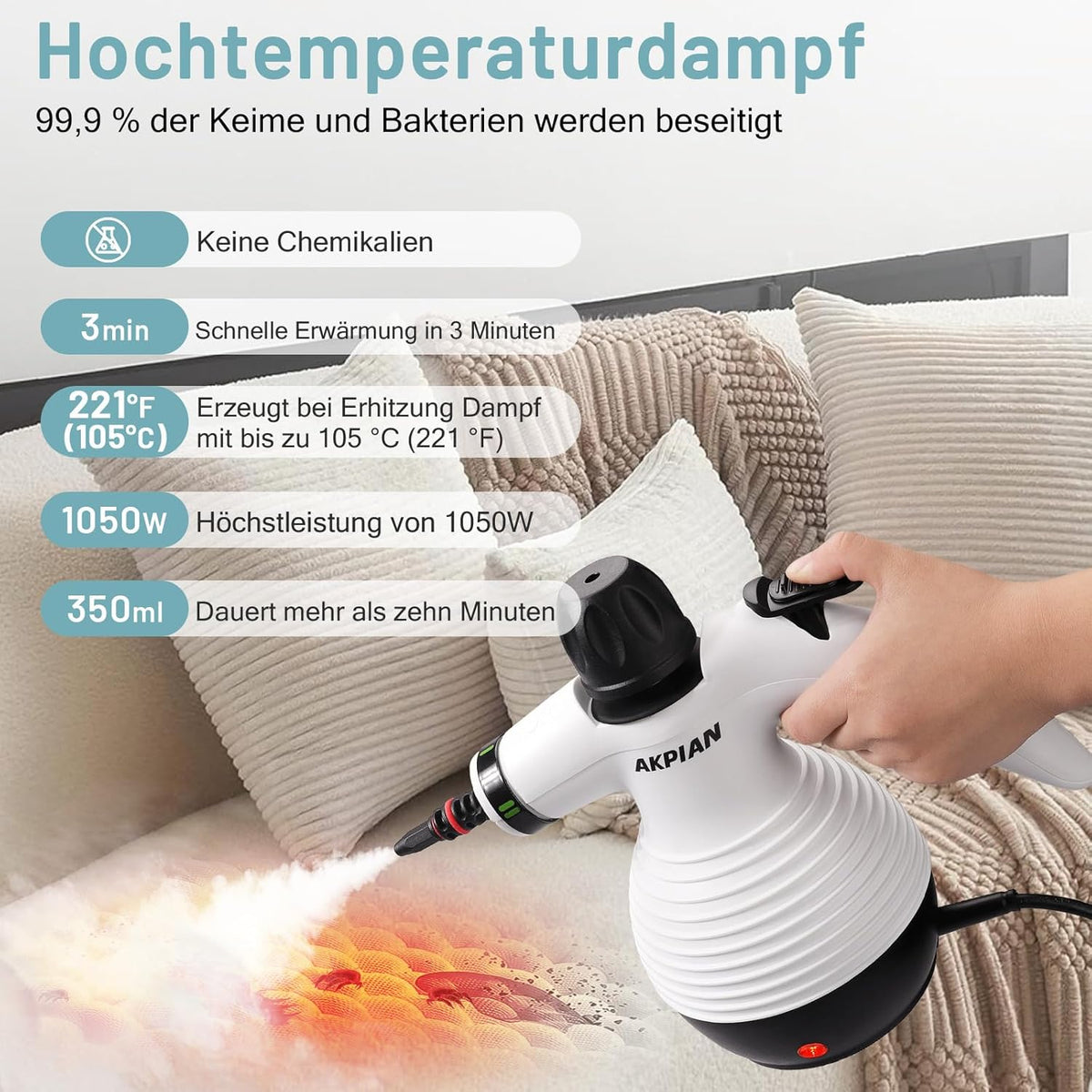 Handheld Steam Cleaner with 10 Piece Accessories, 1050W Steam Cleaner for Household, Kitchen, Bathroom, Window, Upholstery & Car - 100% Chemical Free, High Pressure Steam Against Dirt, Grease & Bacteria