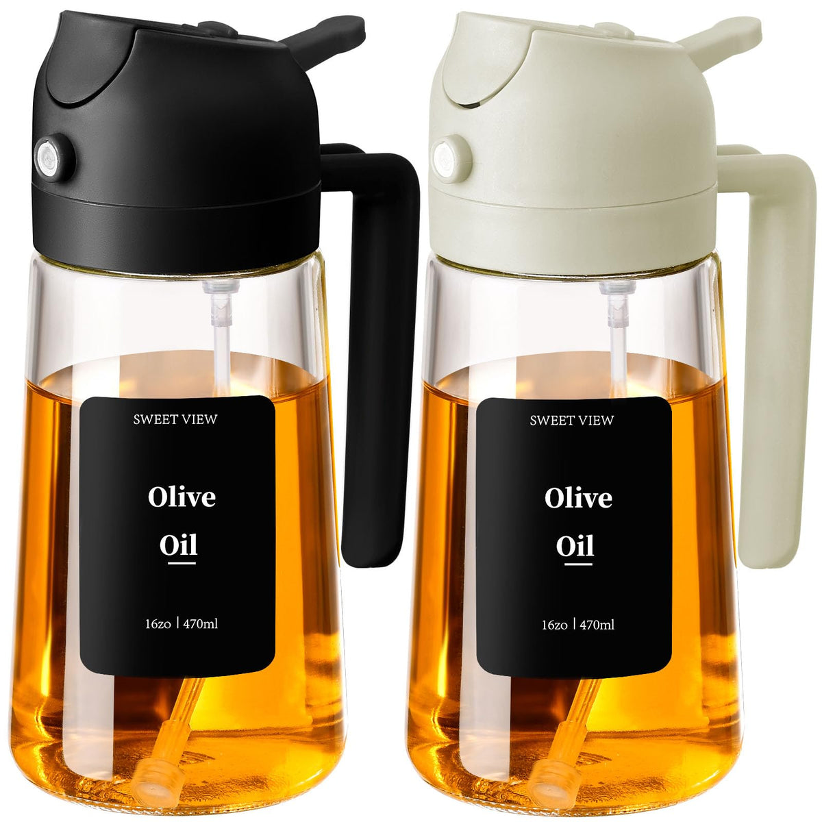 SWEET VIEW 2 in 1 Oil Sprayer for Cooking, 470 ml Glass Oil Bottles/Olive Oil Spray Bottle for Salad, Grilling and Hot Air Fryer (Black)