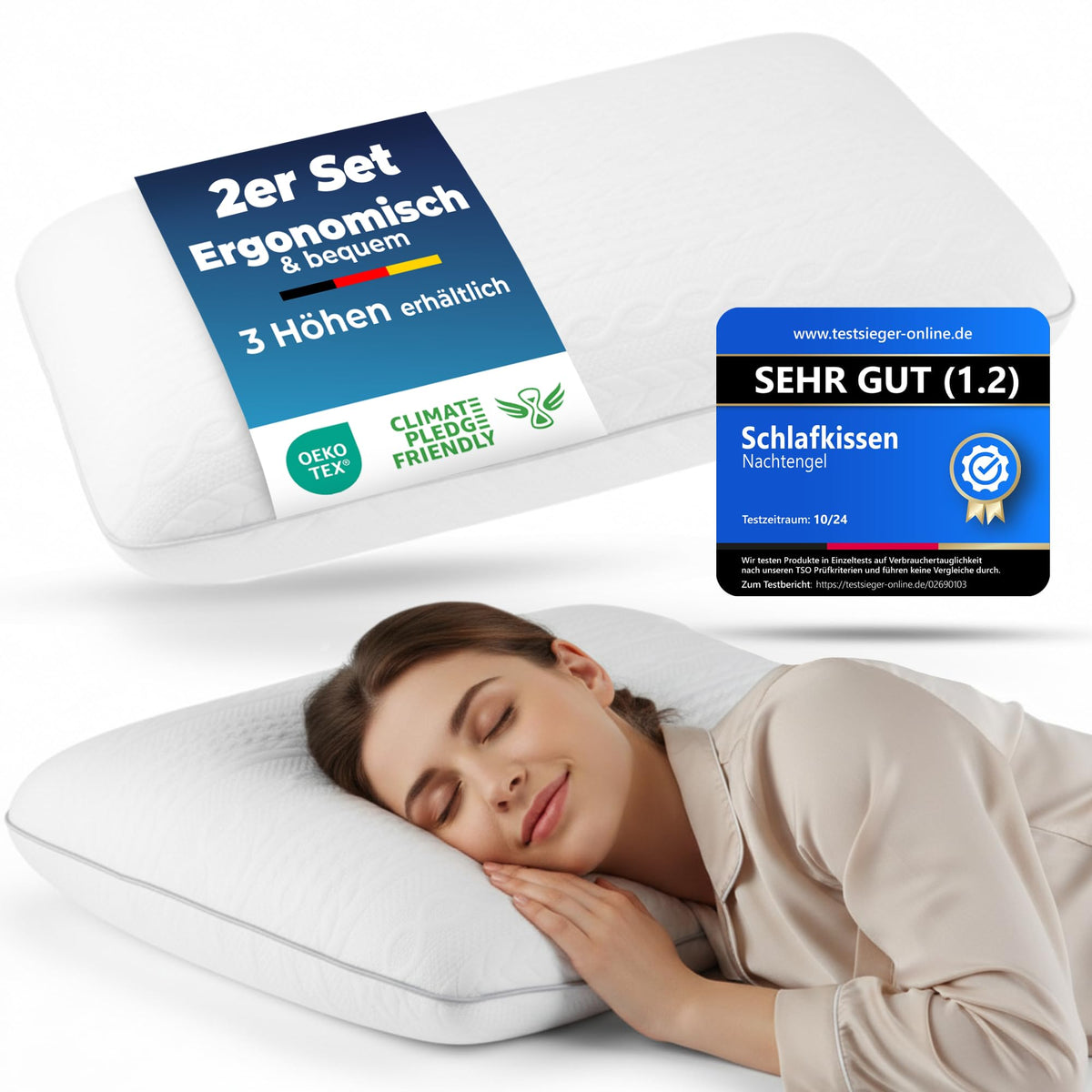 Ergonomic Memory Foam Pillow 40 x 60 cm with Neck Support - Orthopaedic Pillow Neck Pillow Back, Belly and Side Sleeper Pillow Sleeping Pillow White Oeko-Tex 12 cm Height