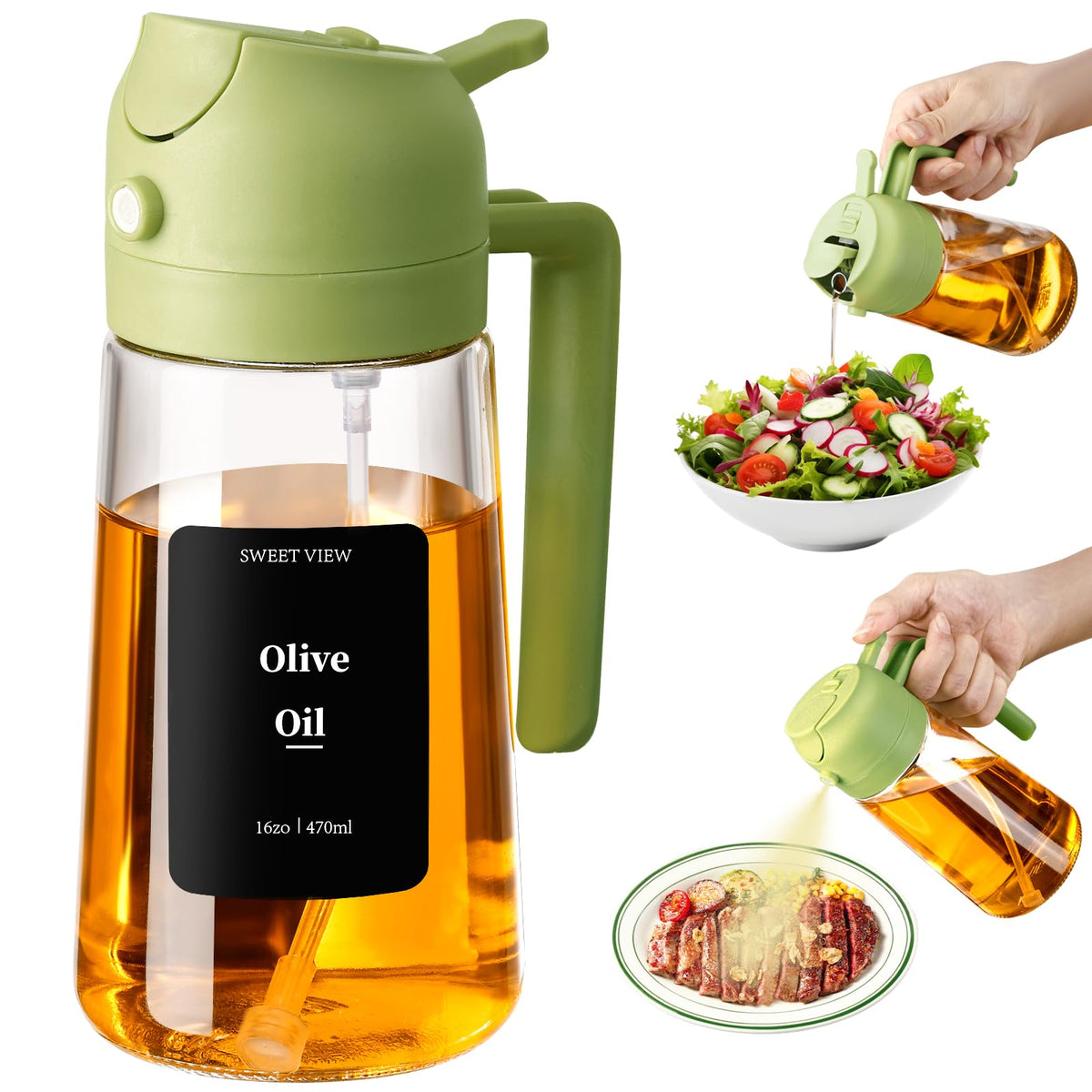 SWEET VIEW 2 in 1 Oil Sprayer for Cooking, 470 ml Glass Oil Bottles/Olive Oil Spray Bottle for Salad, Grilling and Hot Air Fryer (Black)