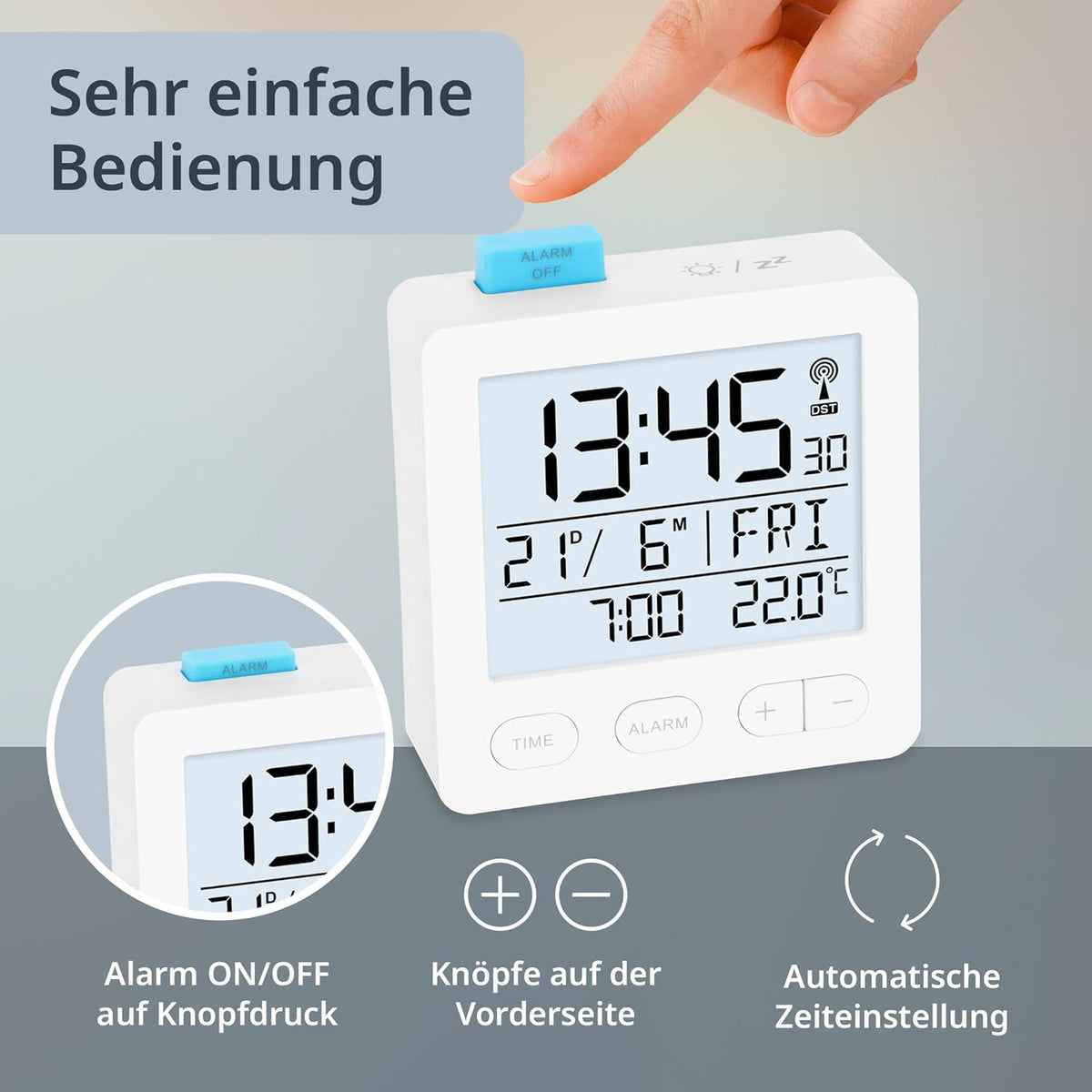 ADE Radio Alarm Clock Digital with Battery | Radio Clock with Light | Clock with Temperature Display | Travel Alarm Clock | with Thermometer and Date Display | White