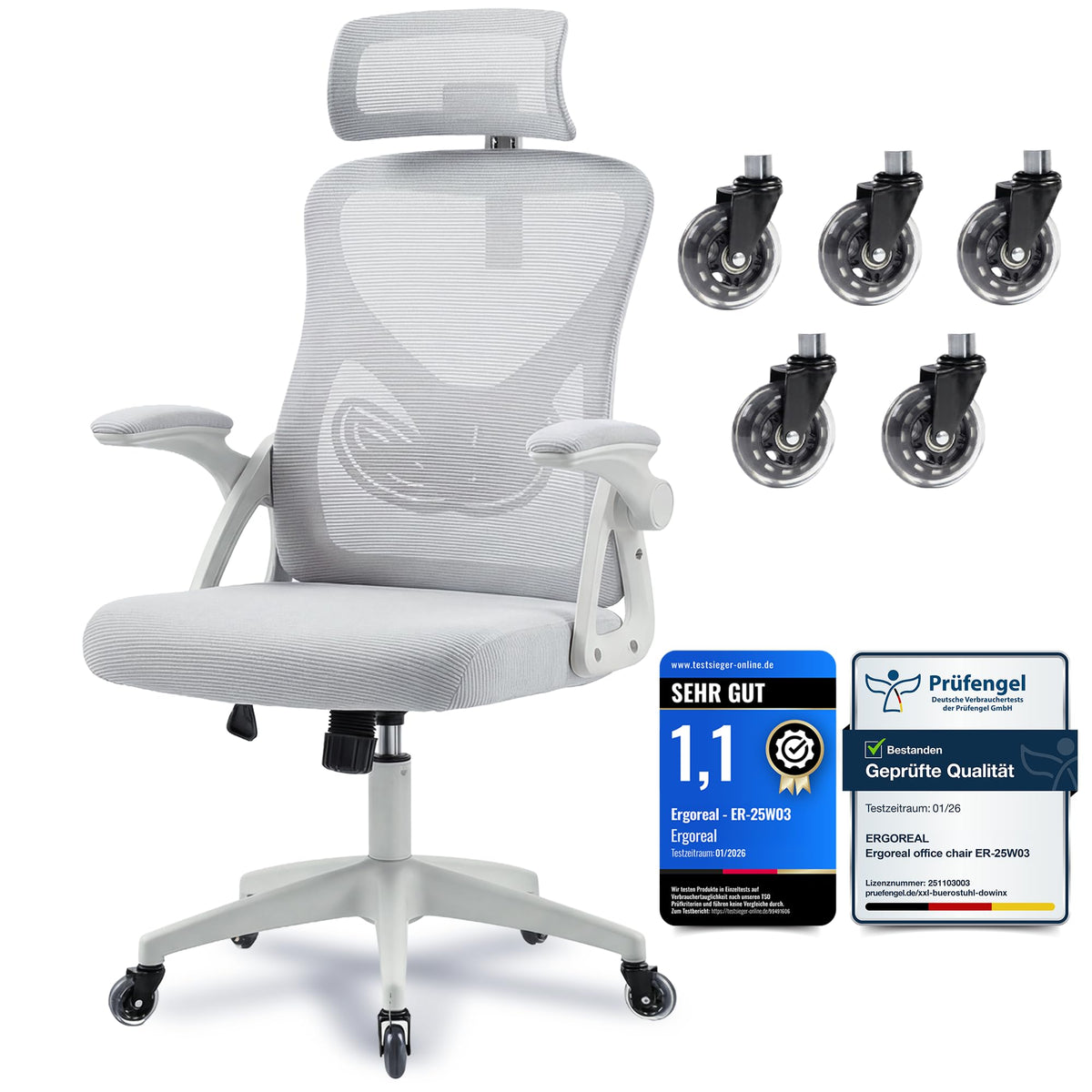 Ergonomic Mesh Office Chair for Home Office, with Adjustable Lumbar Support & 2D Headrest, Folding Armrests, Quiet PU Wheels, Sturdy Gas Spring Class 3, up to 140 kg (Deep Black)