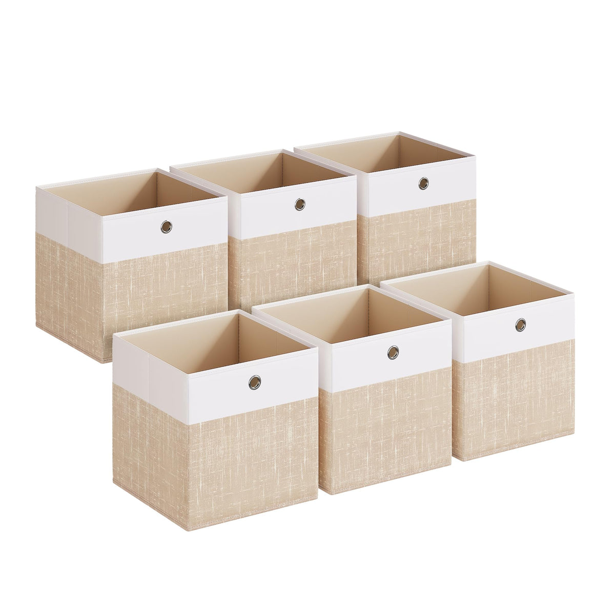 SONGMICS RFB433LF02 Storage Boxes, Set of 6, Storage Basket, Organiser Boxes with PP Panels, Odourless, Folding Box, Fabric Box for Cube Shelf, 33 x 33 x 33 cm, Cloud White/Sand Beige