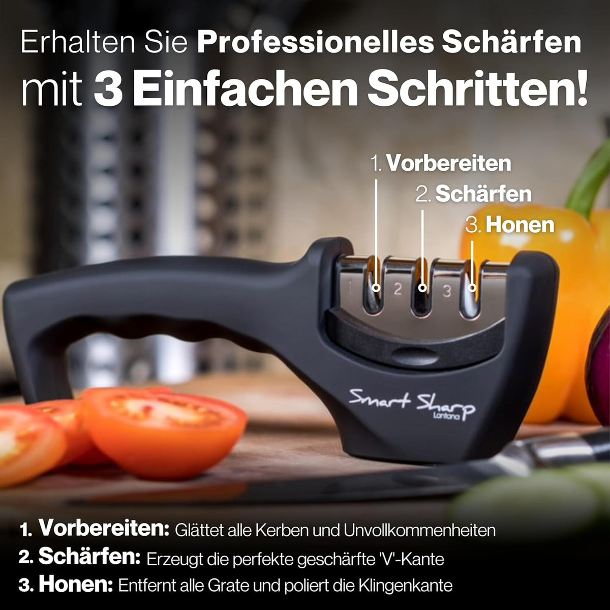 Lantana Smart Sharp Knife Sharpener - Professional 3 Stage Manual Sharpening for Kitchen Knives