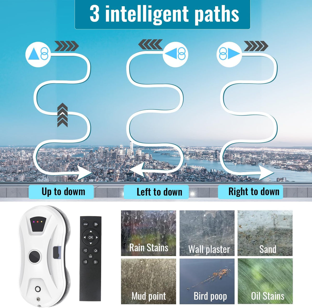 Window Cleaning Robot with Spray Function, 5600 Pa Window Robot with Intelligent Navigation, 3 Cleaning Modes, Safety Rope and UPS, for Windows, Glass, Mirrors and Tiles