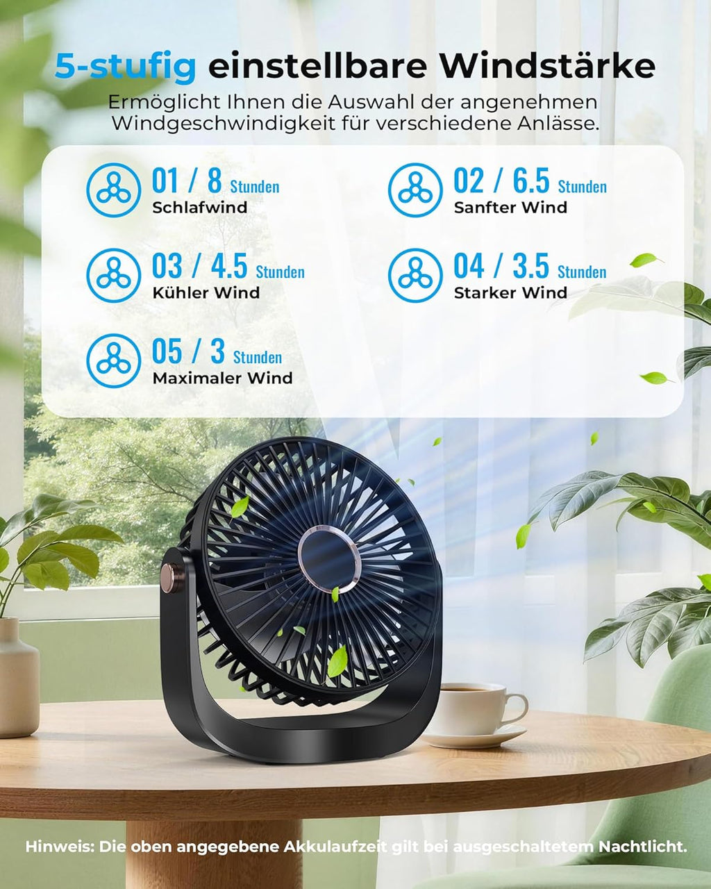 Ventilator Leise - Tischventilator mit Nachtlicht，3000mAh USB Wiederaufladbarer Kleiner Ventilator, 5 Geschwindigkeiten, 360° verstellbare Neigung für Büro Schlafzimmer Zuhause, Schwarz