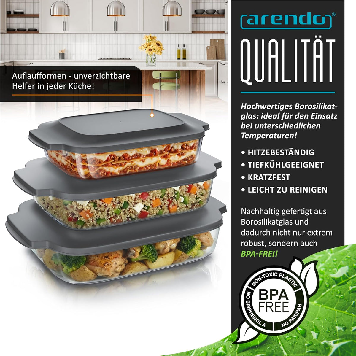 Arendo Glass Casserole Dish with Lid - Set of 3 - Borosilicate Glass - Rectangular Glass Casserole Dishes - Heat Resistant - Oven Safe Microwave Safe - Dishwasher Safe - Small to Large
