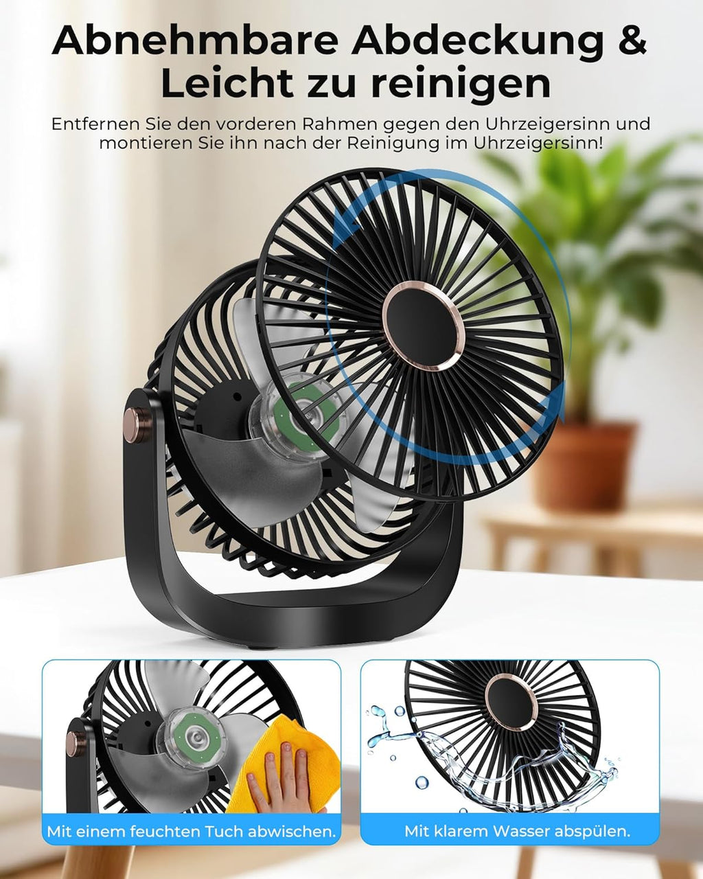 Ventilator Leise - Tischventilator mit Nachtlicht，3000mAh USB Wiederaufladbarer Kleiner Ventilator, 5 Geschwindigkeiten, 360° verstellbare Neigung für Büro Schlafzimmer Zuhause, Schwarz