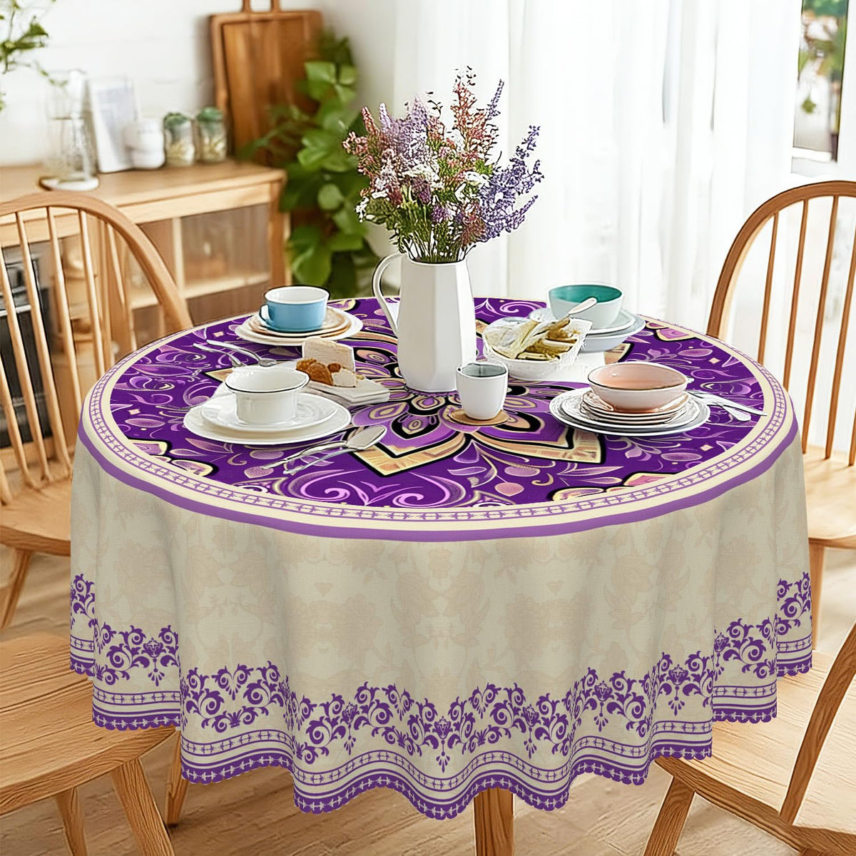 Round Tablecloth 120 cm Weatherproof Washable Polyester Dandelion Floral Pattern Outdoor Tablecloth for Garden Kitchen Dining Room Balcony for 2-4 People Waterproof and Durable