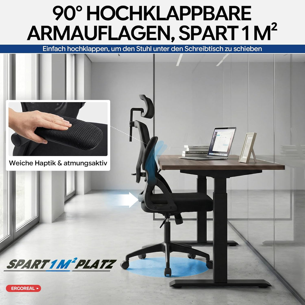 Ergonomic Mesh Office Chair for Home Office, with Adjustable Lumbar Support & 2D Headrest, Folding Armrests, Quiet PU Wheels, Sturdy Gas Spring Class 3, up to 140 kg (Deep Black)