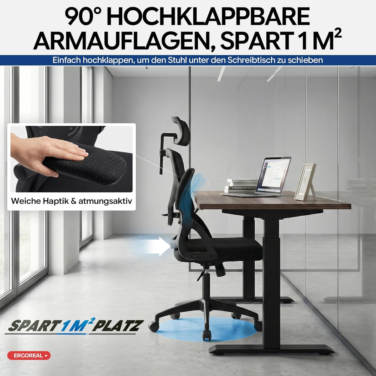 Ergonomic Mesh Office Chair for Home Office, with Adjustable Lumbar Support & 2D Headrest, Folding Armrests, Quiet PU Wheels, Sturdy Gas Spring Class 3, up to 140 kg (Deep Black)