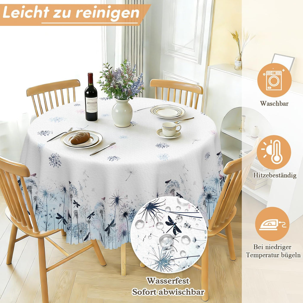 Round Tablecloth 120 cm Weatherproof Washable Polyester Dandelion Floral Pattern Outdoor Tablecloth for Garden Kitchen Dining Room Balcony for 2-4 People Waterproof and Durable