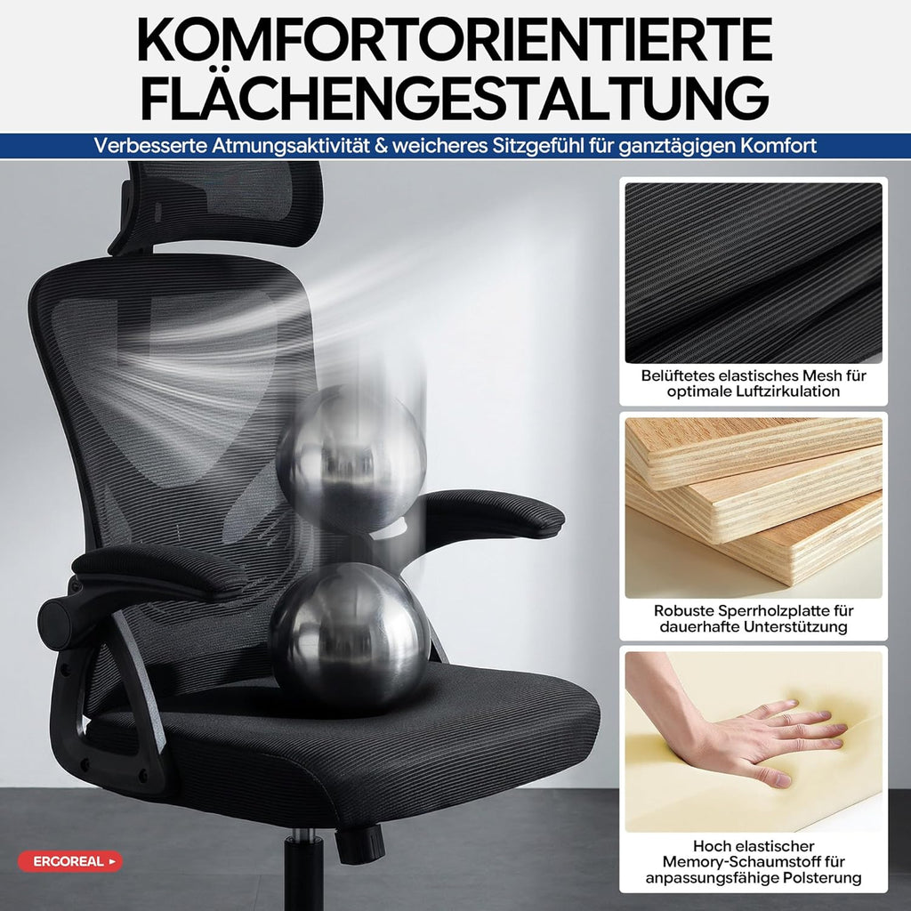 Ergonomic Mesh Office Chair for Home Office, with Adjustable Lumbar Support & 2D Headrest, Folding Armrests, Quiet PU Wheels, Sturdy Gas Spring Class 3, up to 140 kg (Deep Black)