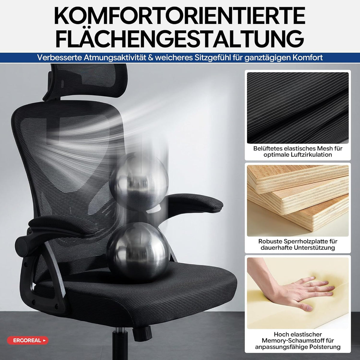 Ergonomic Mesh Office Chair for Home Office, with Adjustable Lumbar Support & 2D Headrest, Folding Armrests, Quiet PU Wheels, Sturdy Gas Spring Class 3, up to 140 kg (Deep Black)