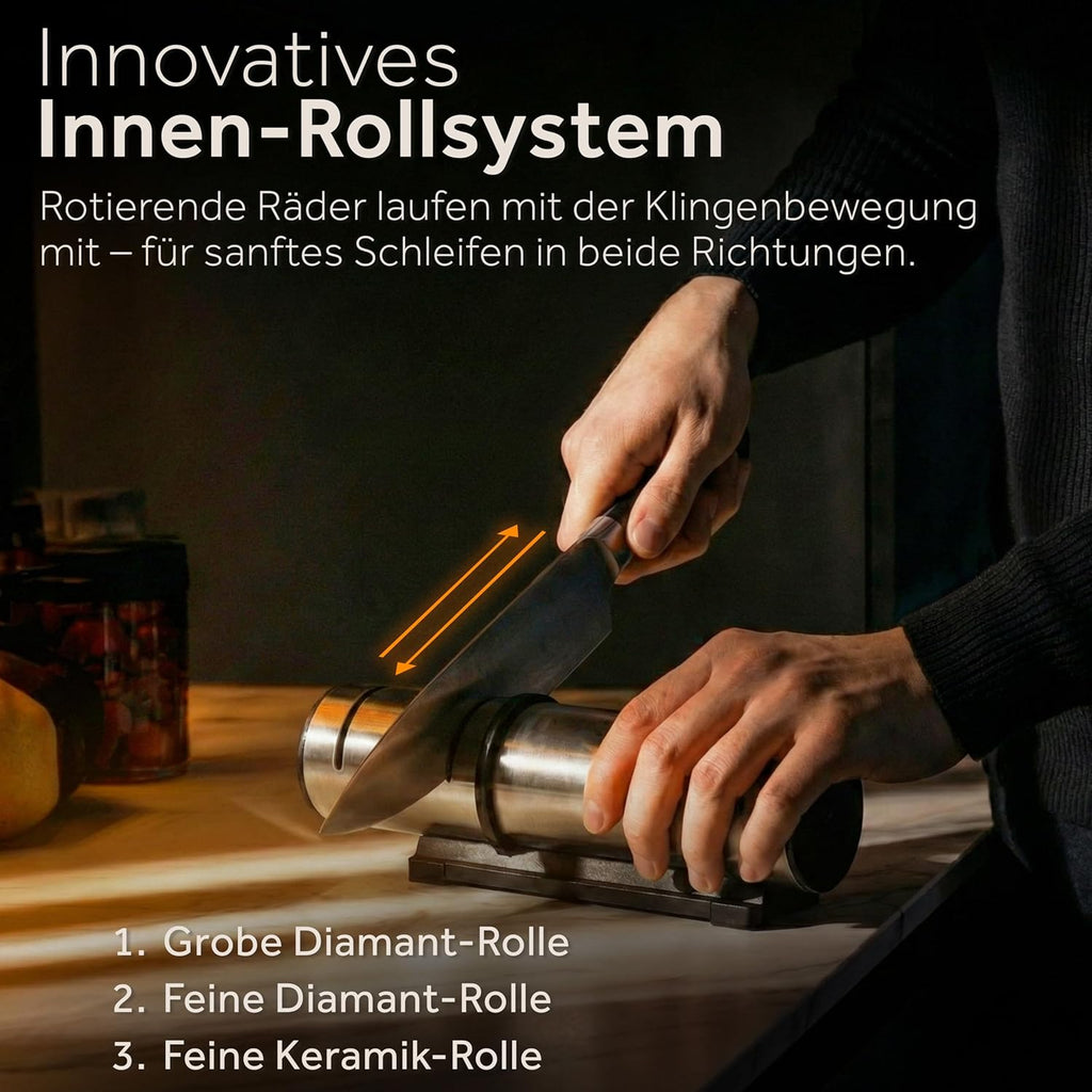 ZWIEGER Diamond Knife Sharpener Professional with Roller Grinder Technology - Knife Sharpener with 3 Levels: 2 Diamond Wheels & 1 Ceramic Roll - Modern Roller Sander Solution - Non-Slip Base