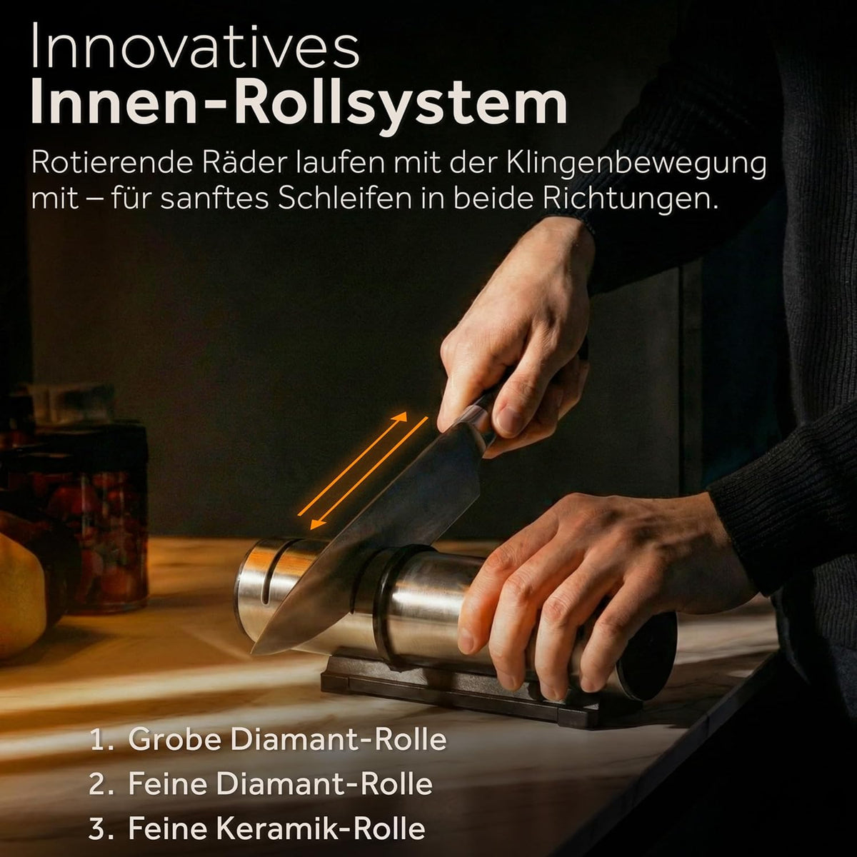 ZWIEGER Diamond Knife Sharpener Professional with Roller Grinder Technology - Knife Sharpener with 3 Levels: 2 Diamond Wheels & 1 Ceramic Roll - Modern Roller Sander Solution - Non-Slip Base