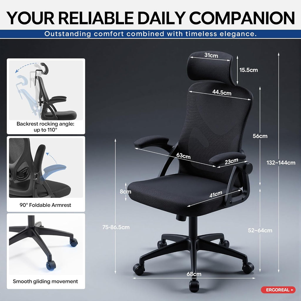 Ergonomic Mesh Office Chair for Home Office, with Adjustable Lumbar Support & 2D Headrest, Folding Armrests, Quiet PU Wheels, Sturdy Gas Spring Class 3, up to 140 kg (Deep Black)