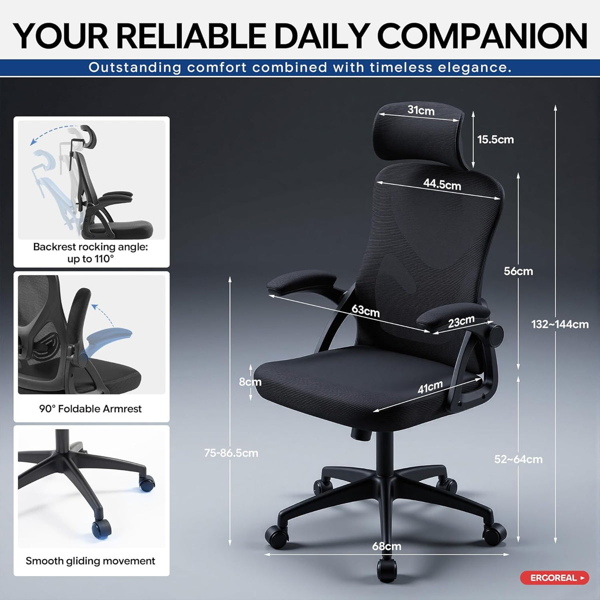 Ergonomic Mesh Office Chair for Home Office, with Adjustable Lumbar Support & 2D Headrest, Folding Armrests, Quiet PU Wheels, Sturdy Gas Spring Class 3, up to 140 kg (Deep Black)
